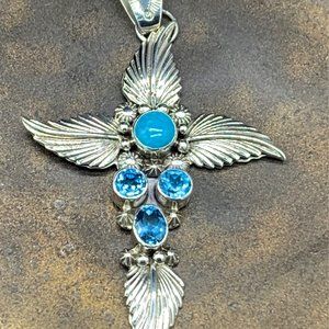 TURQUOISE AND SILVER FEATHERED PENDANT